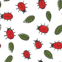 Summer pattern with hand drawn ladybugs and leaves vector