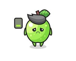 green apple mascot character doing a tired gesture vector