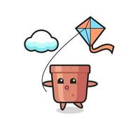 flowerpot mascot illustration is playing kite vector