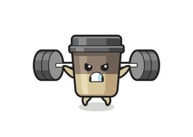 coffee cup mascot cartoon with a barbell vector