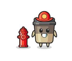 Mascot character of coffee cup as a firefighter vector