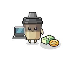 mascota, ilustración, de, taza de café, como, un, hacker vector