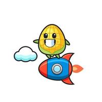 corn mascot character riding a rocket vector