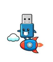 unidad flash usb mascota personaje montando un cohete vector