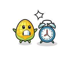 Cartoon Illustration of corn is surprised with a giant alarm clock vector