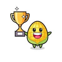 Cartoon Illustration of corn is happy holding up the golden trophy vector