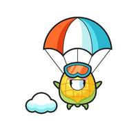 La caricatura de la mascota del maíz es paracaidismo con gesto feliz vector