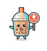 bubble tea character illustration holding a stop sign vector