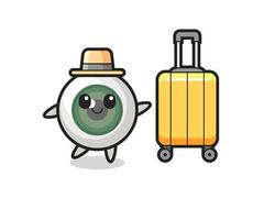 eyeball cartoon illustration with luggage on vacation vector