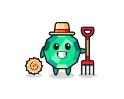 Mascot character of emerald gemstone as a farmer vector