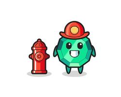 personaje mascota de la piedra preciosa esmeralda como bombero vector