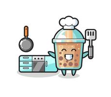 ilustración de personaje de té de burbujas mientras un chef está cocinando vector