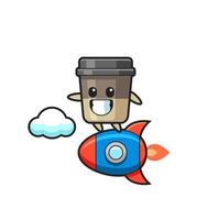 coffee cup mascot character riding a rocket vector