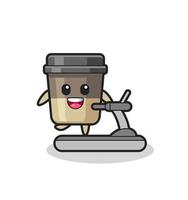 personaje de dibujos animados de la taza de café caminando en la caminadora vector