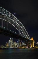 Famoso puente del puerto de Sydney y hitos del horizonte de la CDB en Australia por la noche foto