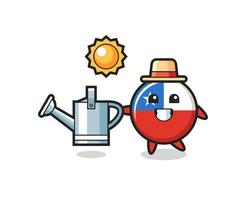 Cartoon character of chile flag badge holding watering can vector