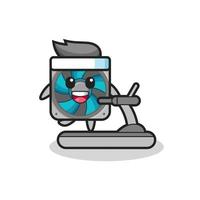 personaje de dibujos animados de ventilador de computadora caminando en la caminadora vector