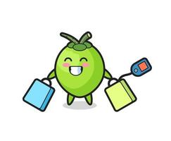 coconut mascot cartoon holding a shopping bag vector