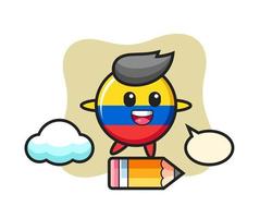 colombia flag badge mascot illustration riding on a giant pencil vector