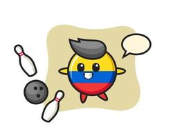 personaje de dibujos animados de la insignia de la bandera de colombia está jugando a los bolos vector