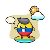 Ilustración de dibujos animados de la insignia de la bandera de colombia hacer surf en la playa vector