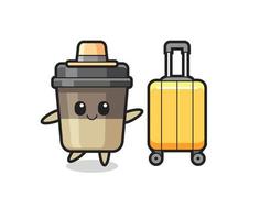 coffee cup cartoon illustration with luggage on vacation vector