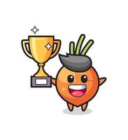 Cartoon Illustration of carrot is happy holding up the golden trophy vector