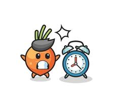 Cartoon Illustration of carrot is surprised with a giant alarm clock vector