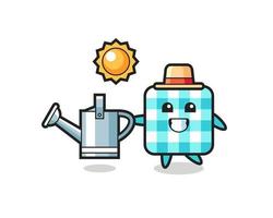 Cartoon character of checkered tablecloth holding watering can vector