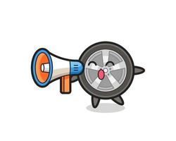 ilustración de personaje de rueda de coche sosteniendo un megáfono vector