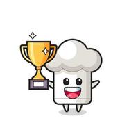 Cartoon Illustration of chef hat is happy holding up the golden trophy vector