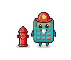 Personaje de mascota de calculadora como bombero. vector