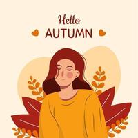 hola concepto de otoño con una chica encantadora en diseño plano vector