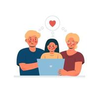 Old couple using laptop with young granddaughter in flat design vector