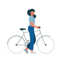 Young girl walking with a bicycle in flat design