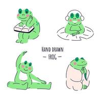 Set of hand drawn funny frog in different activities vector