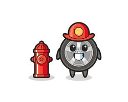 Personaje de mascota de rueda de coche como bombero. vector