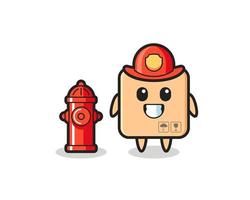 Personaje de mascota de caja de cartón como bombero. vector