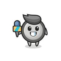 Character mascot of button cell as a news reporter vector