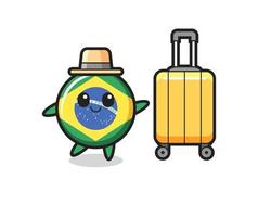 brazil flag badge cartoon illustration with luggage on vacation vector