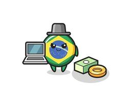 Ilustración de mascota de la insignia de la bandera de Brasil como hacker vector