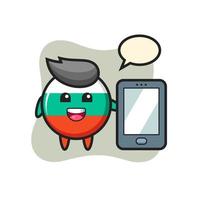 bulgaria flag badge illustration cartoon holding a smartphone vector