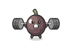 black olive mascot cartoon with a barbell vector