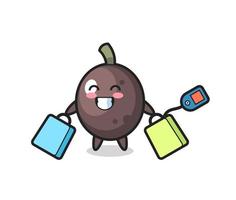 black olive mascot cartoon holding a shopping bag vector