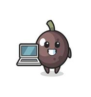 Ilustración de mascota de aceituna negra con una computadora portátil vector