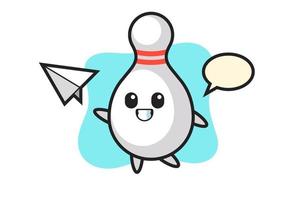 bowling pin cartoon character throwing paper airplane vector