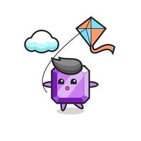 purple gemstone mascot illustration is playing kite vector