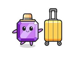 purple gemstone cartoon illustration with luggage on vacation vector