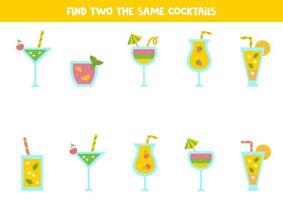 Find two identical colorful cocktails. Educational game vector