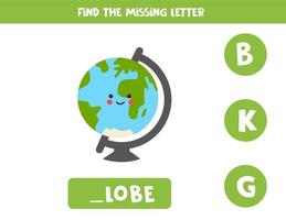 Find missing letter with cute globe. Spelling worksheet. vector